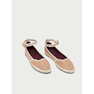 Flabelus Women Tan Jute Espadrille Flats Ankle Strap Scalloped Trim Spain Sz 41